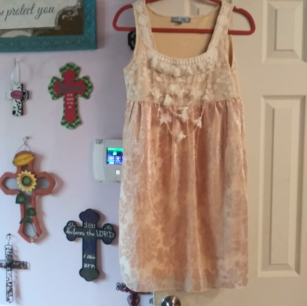 T. Bleu Dress Size S Cream champagne color Beaded Lace overlay Boho